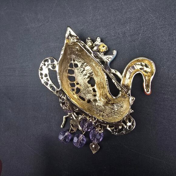 Powder Blue Enamel Swan Brooch Purple Gold Tone Charms Whimsical - Picture 6 of 7
